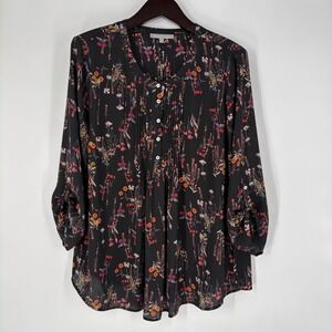 Daniel Rainn Floral Pintuck Blouse Black XXL 3/4 Roll Tab Sleeve Feminine Boho